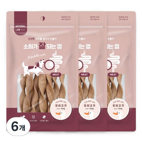 내츄럴랩 소화가 잘되는 껌 강아지 간식, 오리고기, 100g, 6개