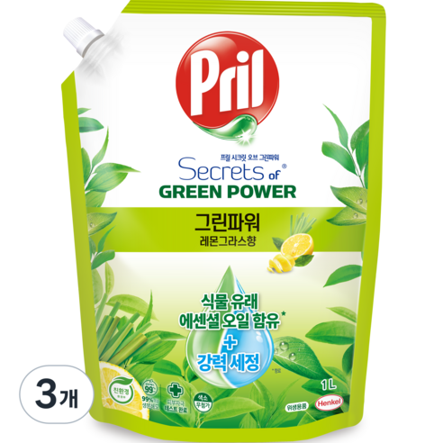 프릴 그린파워 주방세제 레몬그라스향, 3개, 1L