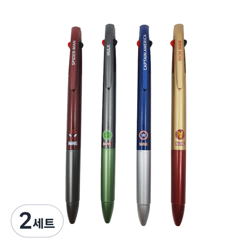마블 Marvel 캐릭터 3색 볼펜 4종 0.7mm, 스파이더맨, 헐크, 캡틴아메리카, 아이언맨, 2세트