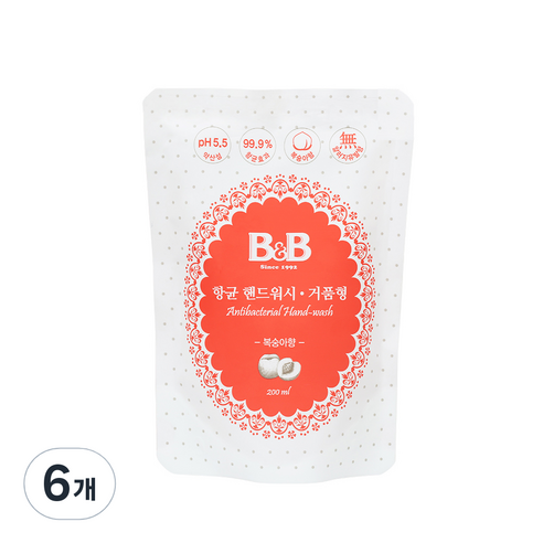 비앤비 항균 핸드워시 리필 200ml, 복숭아향, 6개