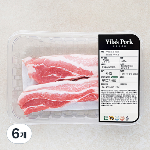 빌라스포크 한돈 무항생제 삼겹살 수육용 (냉장), 500g, 6개