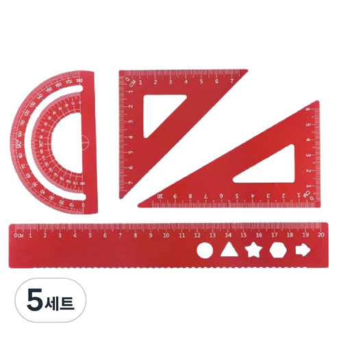 디엔오 스테인레스 삼각자 + 각도기 + 자 세트, 레드, 5세트