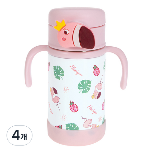 누비 아동용 스텐 버튼 빨대컵 280ml, 4개, 플라밍고핑크