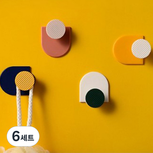 아필코 인테리어 부착형 벽걸이 후크 4종 세트, 화이트 + 핑크 + 옐로우 + 블루, 6세트