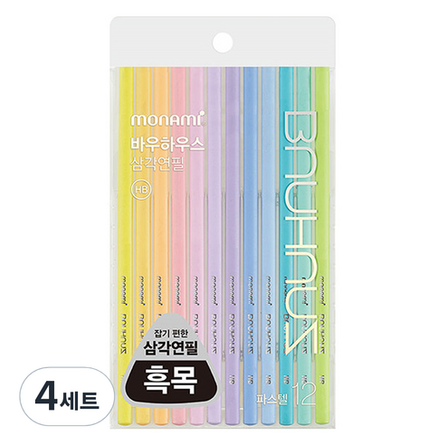 모나미 바우하우스 파스텔 삼각 연필 HB 12본, 혼합색상, 4세트