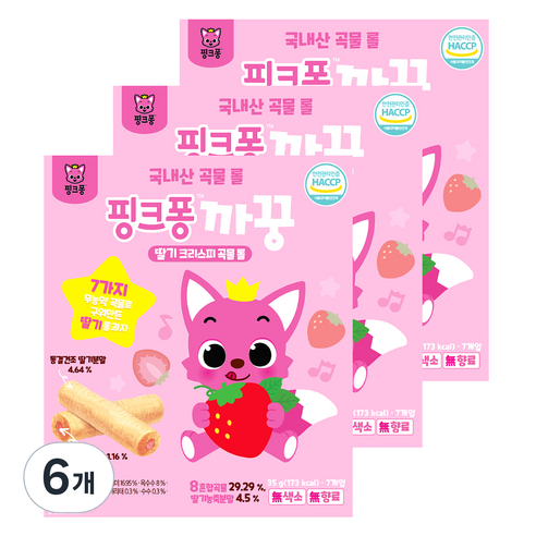 핑크퐁 까꿍 곡물 롤 과자 7p, 딸기 + 곡물 혼합맛, 6개, 35g