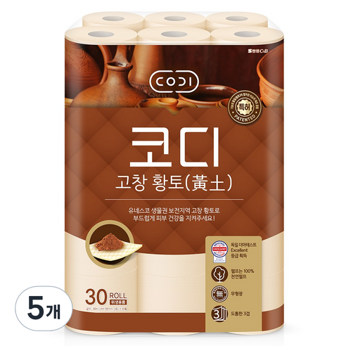 코디 천연펄프 3겹 고창 황토 고급롤화장지, 30m, 30롤, 5개