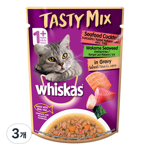 위스카스 고양이 테이스티믹스 씨푸드칵테일과미역 in 그레이비 습식사료, 생선, 70g, 3개