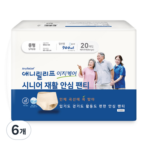 애니릴리프 재활 안심 팬티형 성인 기저귀 중형 베이지, 20매입, 6개