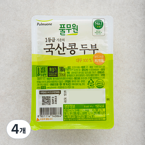 풀무원 국산콩 두부 찌개용, 180g, 4개