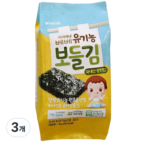 아이배냇 베베 유기농 보들김 4개입, 김맛, 16g, 3개
