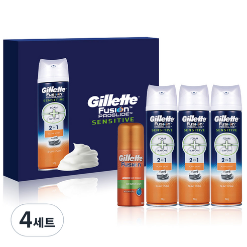 질레트 퓨전 프로글라이드 센서티브 2in1 액티브 스포츠 쉐이빙폼 245g 3개 +퓨전하이드라젤 70g 1개, 4세트
