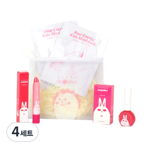 레시피박스 어린이 여행용 심플 메이크업 세트, 휴대용 파우치 + 어린이 마스크팩 2p + 립크레용 + 매니큐어 보타니컬 핑크, 4세트