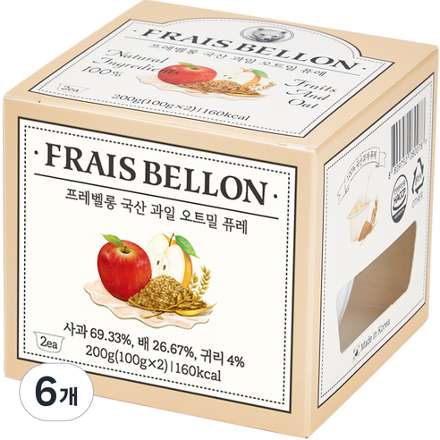 프레벨롱 과일 오트밀 퓨레 2p, 혼합맛(사과/배/귀리), 200g, 6개