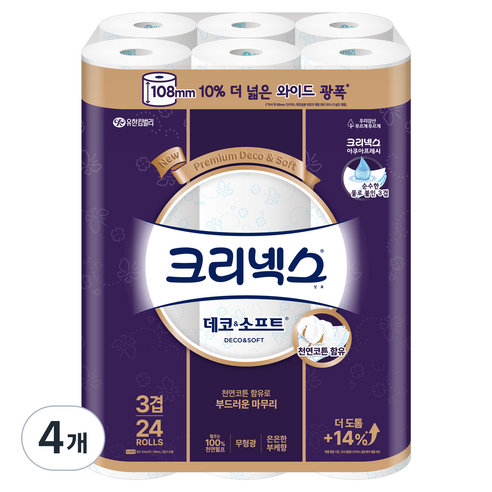 크리넥스 3겹 데코 앤 소프트 와이드 천연펄프 고급롤화장지, 33m, 24개입, 4개