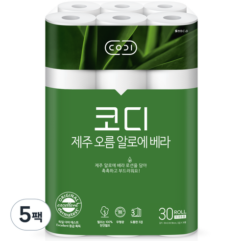 코디 3겹 제주 오름 알로에 베라 화장지 30m, 30개입, 5개