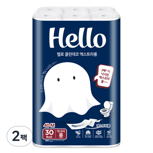 헬로 클린데코 엑스트라롱 천연펄프 2겹 일반롤화장지, 2개, 30개입, 40m