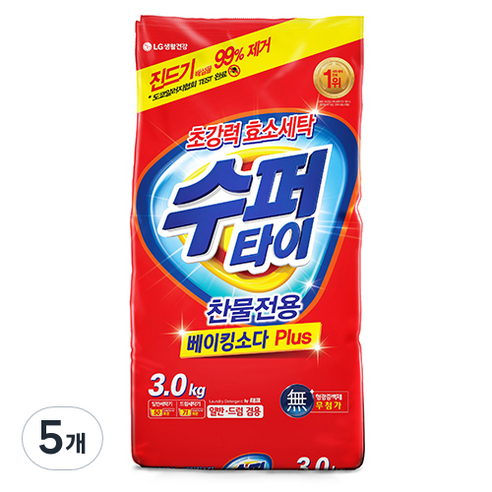 수퍼타이 찬물 전용 실내건조 분말세제 효소 세탁세제 일반드럼 겸용 리필, 3kg, 5개