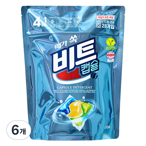 비트 4in1 일반 드럼 겸용 캡슐세제 티트리 오일향, 28개입, 6개