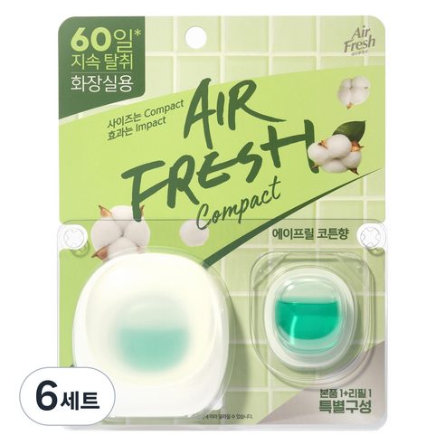 에어후레쉬 컴팩트 비치형 화장실용 방향제 본품 6ml + 리필 6ml 세트 에이프릴 코튼향, 6세트