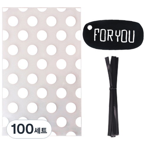 인디케이 OPP비닐봉투 중 도트 50p + 블랙 너를위한 텍 + 블랙타이, 혼합색상, 100세트