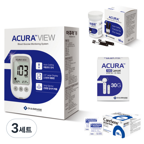 아큐라 아이센스 혈당측정기 + 혈당검사지 50p + 채혈침 100p + 알코올솜 100p 세트, GM01VAA, 3세트