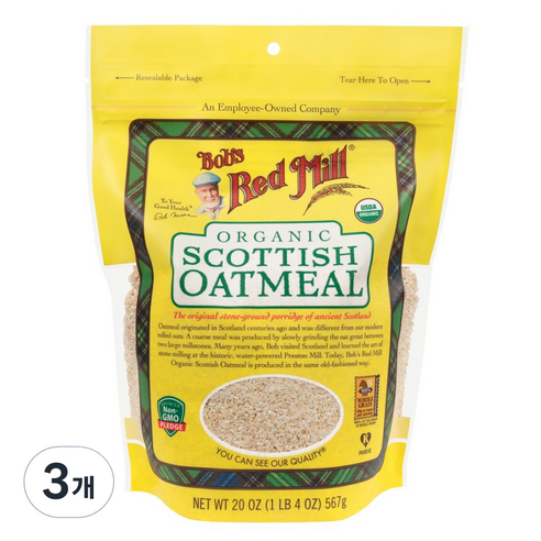 밥스레드밀 유기농 스코티쉬 오트밀, 567g, 3개