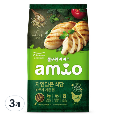 풀무원아미오 전연령 강아지 자연담은 식단 건식사료, 닭, 1kg, 3개