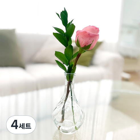 포켓플라워 생화 장미 한송이 세트, 핑크, 4세트