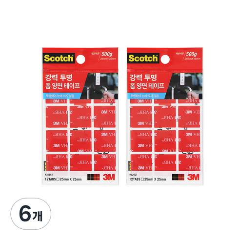 스카치 3M 강력 투명 폼 양면테이프 325CT 25 x 25mm 12p, 6개