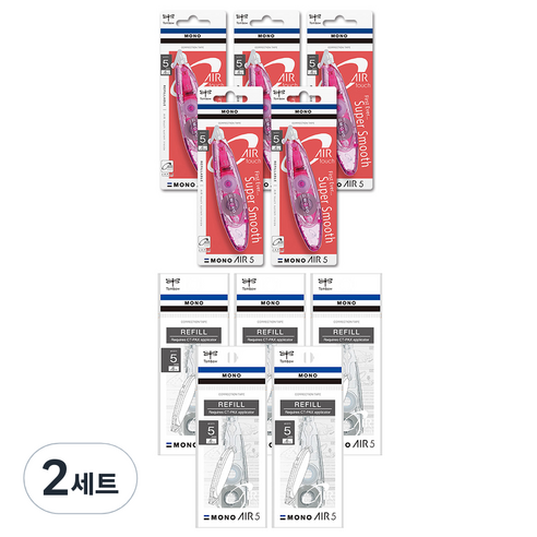 톰보우 모노에어 펜타입 수정테이프 5mm 5p + 리필 5p, 핑크, 2세트