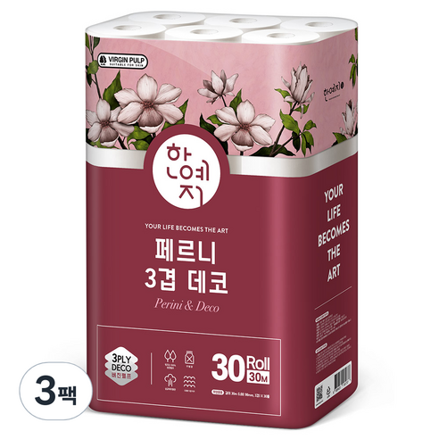 한예지 페르니 3겹 데코 천연펄프 화장지, 30m, 30개입, 3개