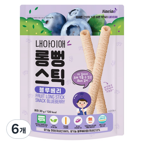 내아이애 유기농 롱뻥 스틱 블루베리 쌀과자, 6개, 30g