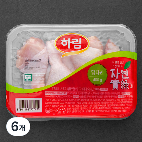하림 자연실록 무항생제 인증 닭다리 북채 (냉장), 400g, 6개