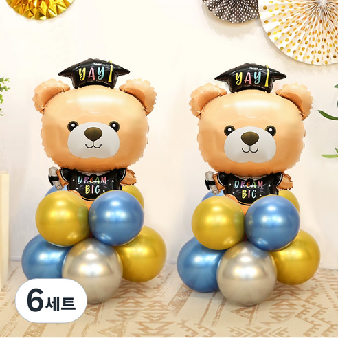 와우파티코리아 졸업 풍선 기둥 DIY 세트, 골드(30cm풍선) + 블루(30cm풍선) + 실버(30cm풍선) + 졸업학사모 리틀곰돌이(은박풍선), 6세트