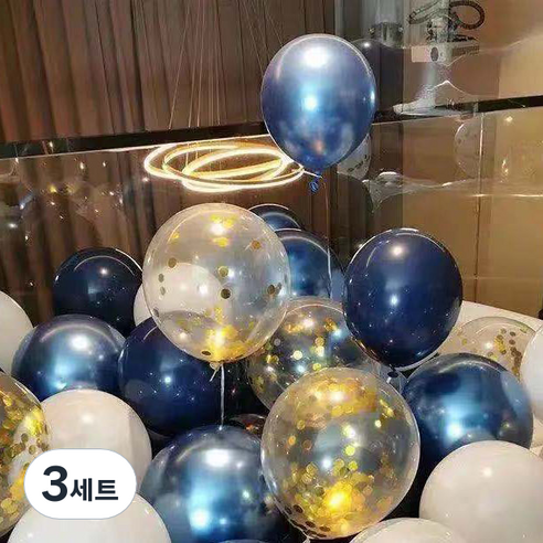 뷰라뷰 파티풍선 50p + 공기펌프 + 10m 리본 세트, 06 블루 + 화이트 + 골드스팽글(랜덤발송), 3세트