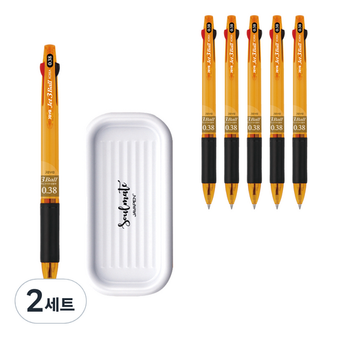 자바펜 제트 3볼 펜 0.38mm 6p + 펜트레이 세트, 옐로우(볼펜), 랜덤발송(펜트레이), 2세트