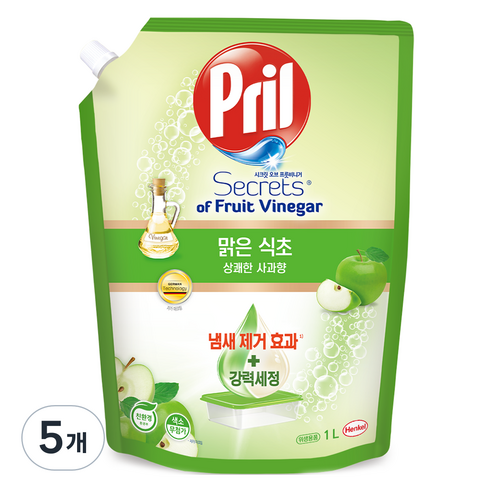 프릴 시크릿 오브 맑은식초 상쾌한 사과향 주방세제 파우치, 1L, 5개
