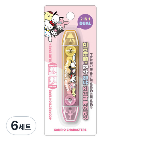 산리오캐릭터즈 듀얼 2in1 수정테이프 + 풀테이프 세트, 혼합색상, 6세트