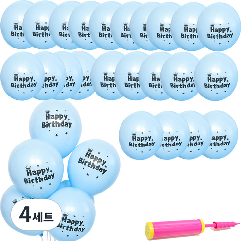 파티쇼 네오텍스 30cm 매트 파스텔 생일 인쇄풍선 30p + 손펌프 랜덤 발송, 블루, 4세트