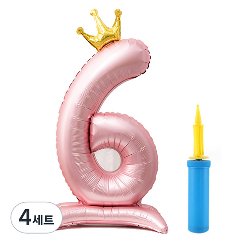 올리브파티 초대형 스탠딩 왕관 숫자 생일풍선 + 손펌프 세트, 핑크(숫자6), 4세트