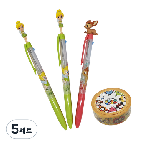 디즈니 팅커벨 밤비 마스코트 3색 볼펜 0.5mm 팅커벨 2p + 밤비 + 마스킹테이프 1.5cm x 7m 세트 A타입, 혼합색상, 5세트