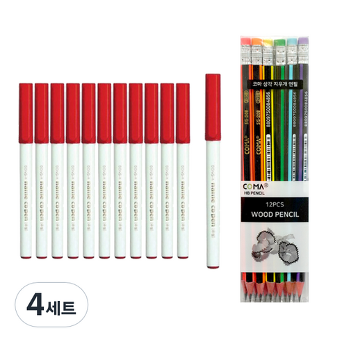 동아 네임CD펜 12p + 투코비 삼각 지우개 연필 SG-208 12p 세트, 적색(CD펜), 혼합색상(지우개연필), 4세트