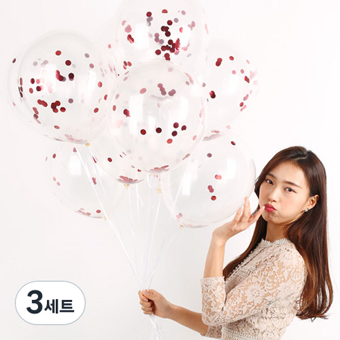 파티해 메탈릭 컨페티풍선 20p + 손펌프 랜덤발송 +컬링리본 + 스펀지닷 세트, 레드, 3세트