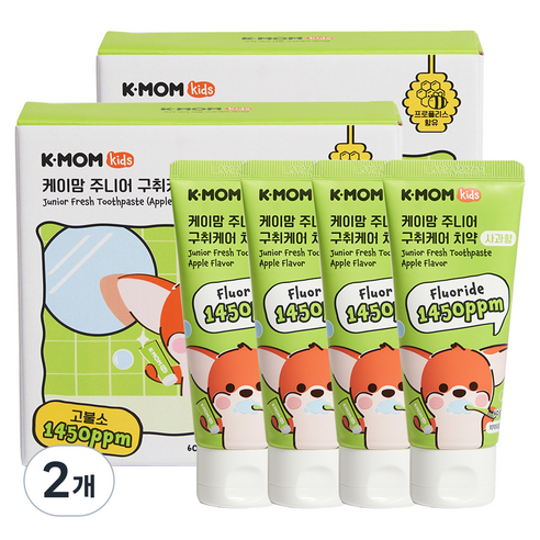 케이맘 아동용 구취케어 1450ppm 사과향 고불소 치약 4p, 2개, 240g
