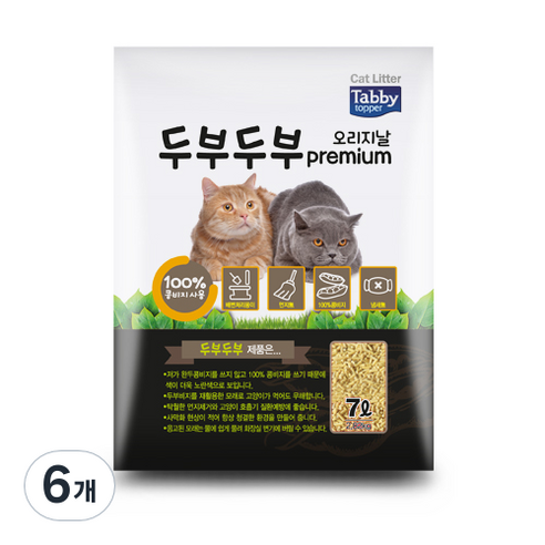 테비토퍼 응고형 두부두부 프리미엄 고양이 모래, 7L, 6개, 오리지날