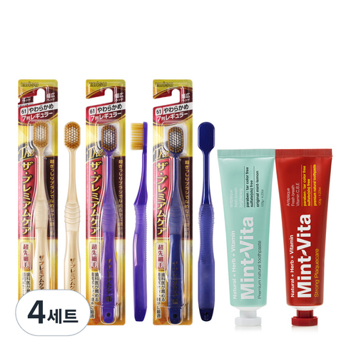 EBISU 더프리미엄케어 7열 광폭 헤드 칫솔 랜덤발송 3p + 오리지널 민트비타치약 120g + 스트롱 민트비타치약 120g 세트, 4세트