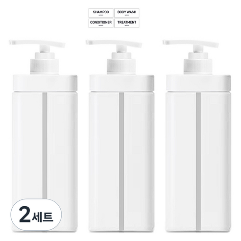 뉴앤룩 밀리 욕실 디스펜서 샴푸 리필공병 겔타입 720ml 3p + 라벨스티커 4종 세트, 화이트(리필공병), 2세트