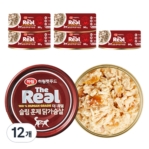 하림펫푸드 고양이 더리얼 슬림 훈제 닭가슴살 간식캔, 닭고기, 90g, 12개