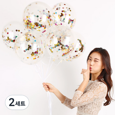 파티해 메탈릭 컨페티풍선 20p + 손펌프 랜덤발송 +컬링리본 + 스펀지닷 세트, 레인보우, 2세트